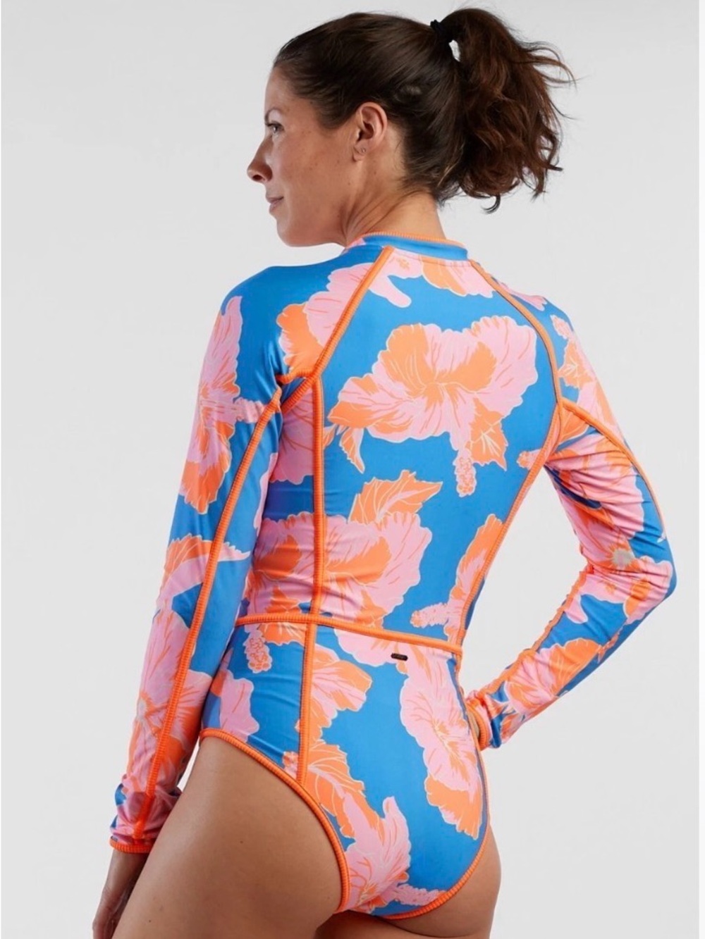 Long-Sleeve Floral Zip Front Swimsuit in Blue/Orange - Picture 2 of 9